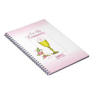 Cuaderno Niña Rosa Primera Comunión, Cáliz, Hostia, Rosas