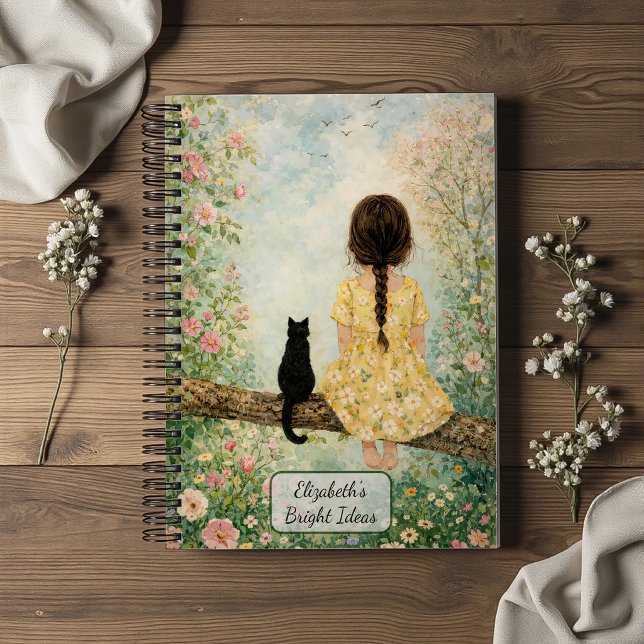 Cuaderno Niña y Gato en Jardín de Primavera (Subido por el creador)