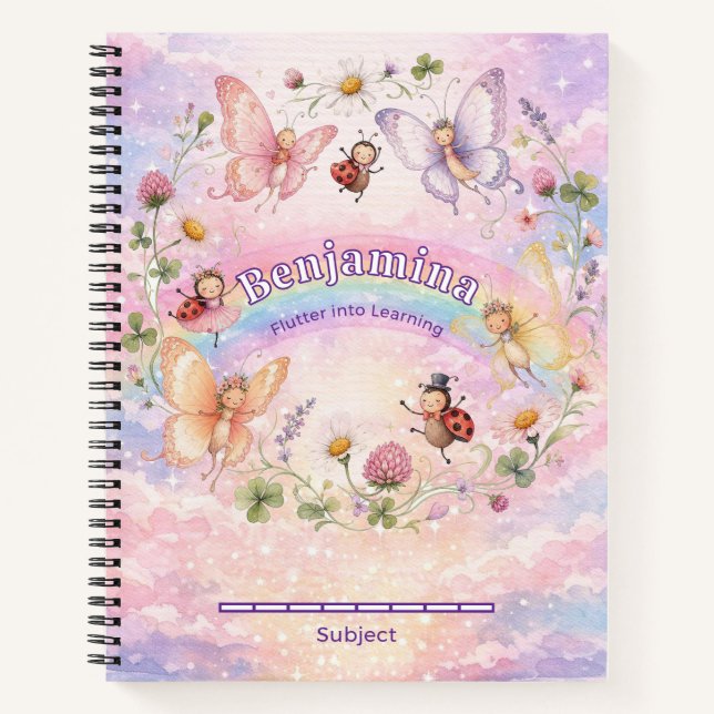 Cuaderno Niñas Arcoíris Mariposas Fantasía Floral Rosa (Anverso)