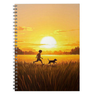 Cuaderno Niño corriendo con perro al atardecer