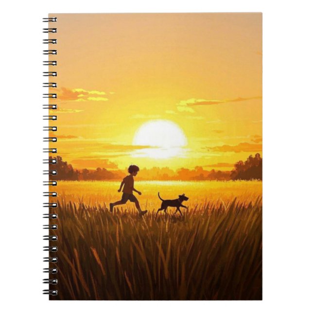 Cuaderno Niño corriendo con perro al atardecer (Frente)