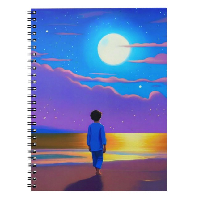 Cuaderno Niño en la playa, mirando a la luna (Frente)