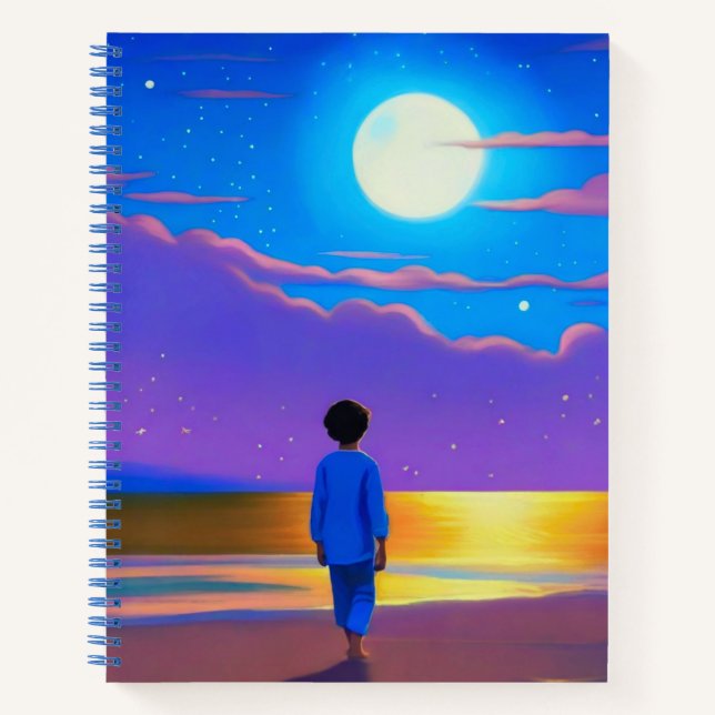Cuaderno Niño en la playa, mirando a la luna (Anverso)