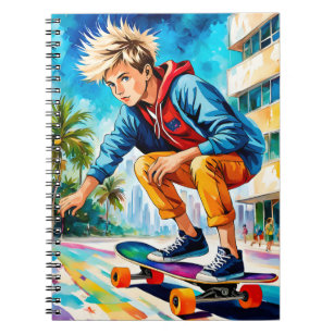 Cuaderno Niño en un Skateboard cerca de la playa