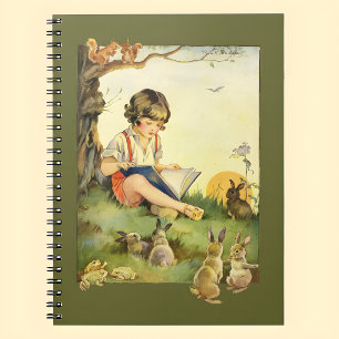 Cuaderno Niño leyendo bajo un árbol con conejos