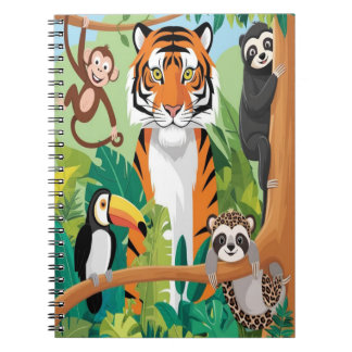 Cuaderno Niños Animales Lindos Selva Tigre Mono Pájaro