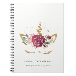 Cuaderno Niños de Unicornio con flores de oro de burdeos ro