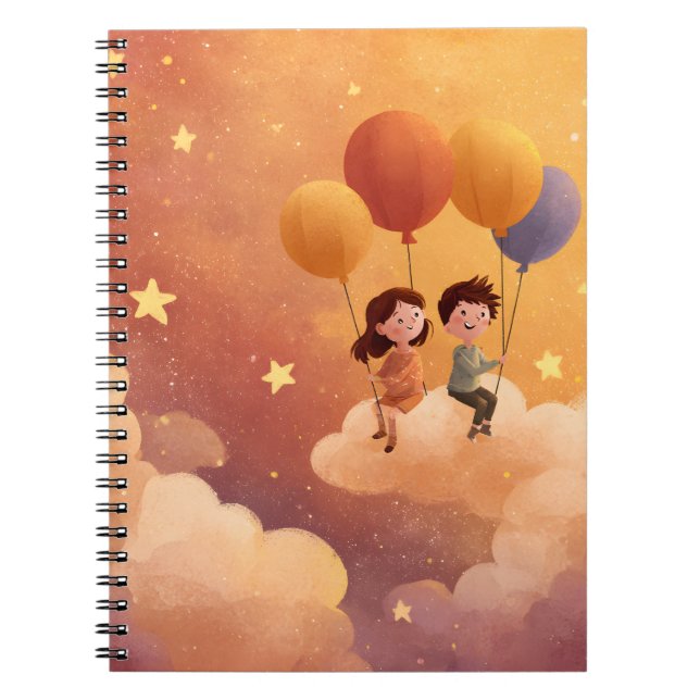 Cuaderno Niños flotando en globos a través de nubes de pues (Frente)