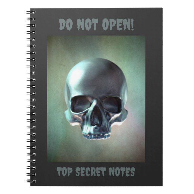 Cuaderno ¡No Abrir! Notas Secretas. Renderizado de cráneo e (Frente)