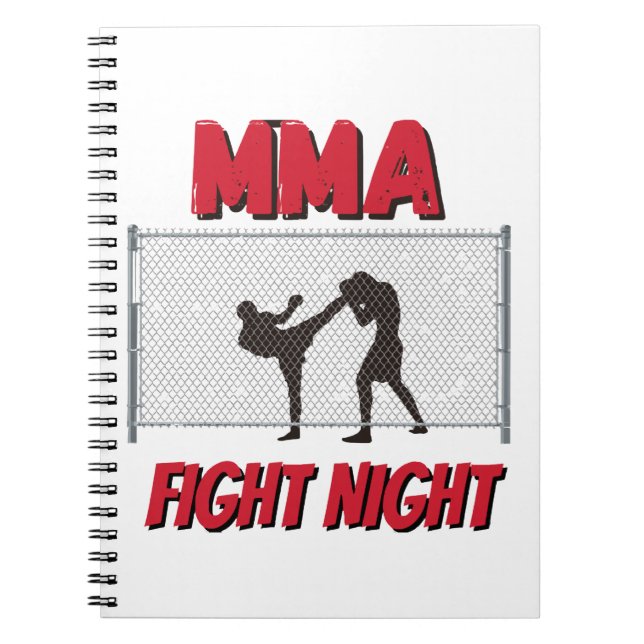 Cuaderno Noche de pelea de MMA texto y silueta de dos lucha (Frente)
