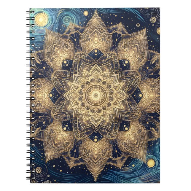 Cuaderno Noche espiritual Starry Nebula Gold Mandala Art (Frente)