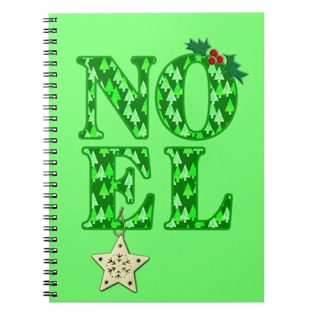 Cuaderno NOEL en un patrón de árbol de Navidad verde (Frente)