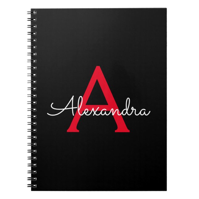 Cuaderno Nombra de monograma de guión negro rojo (Frente)