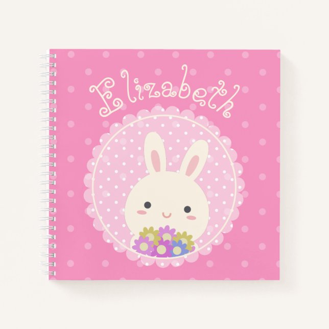 Cuaderno Nombra personalizada de Kawaii Bunny y Flores de c (Anverso)