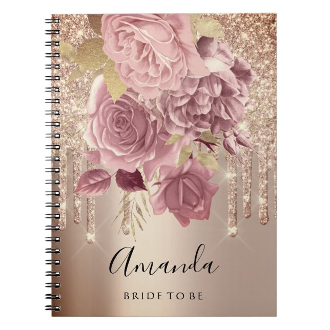 Cuaderno Nombrar ducha de novia goteo rosas rosadas Rosa (Frente)