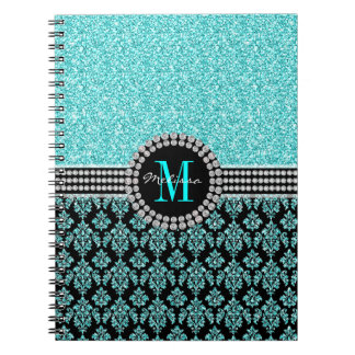 Cuaderno Nombre azul del damasco del monograma del