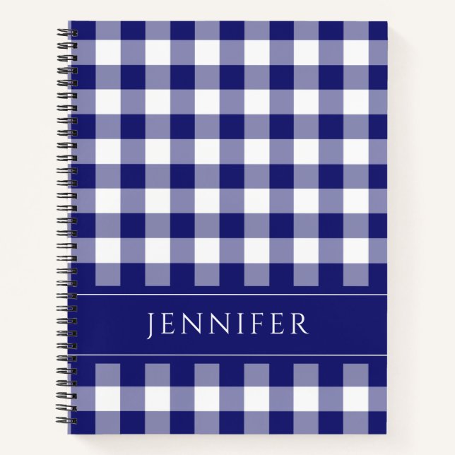 Cuaderno Nombre Azul y blanco Gingham Verificado Notebo (Anverso)