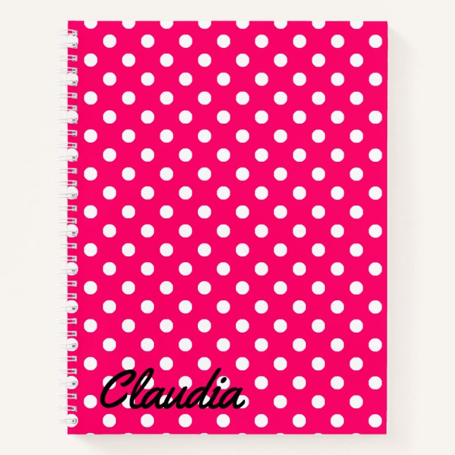 Cuaderno Nombre blanco rosado caliente de puntos de polka (Anverso)