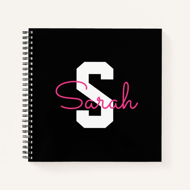 Cuaderno Nombre Bonito & Monograma | Negro Blanco & Rosa (Anverso)