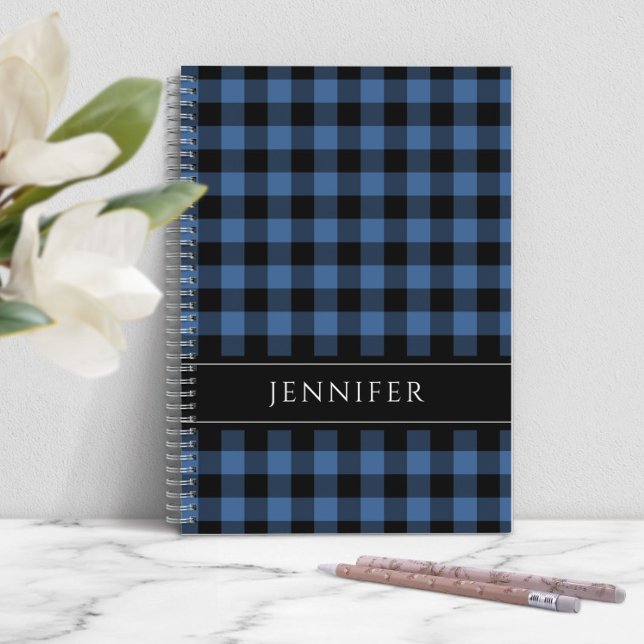 Cuaderno Nombre Cheques azules y negros Plaid Gingham Patte (Personalized Modern Blue Plaid Notebook)