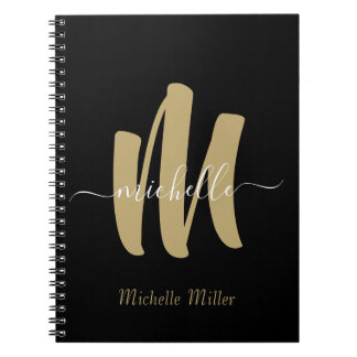 Cuaderno nombre comercial inicial del monograma dorado negr