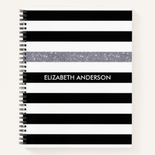 Cuaderno Nombre con brillo de franja negra y blanca