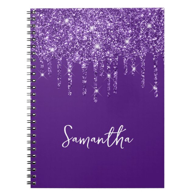 Cuaderno Nombre con brillo real morado que gotea (Frente)
