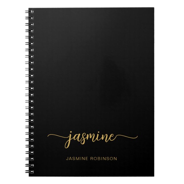 Cuaderno Nombre con guion de monograma femenino de oro negr (Frente)