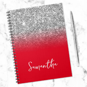 Cuaderno Nombre con Ombre Rojo y Brillo Plateado