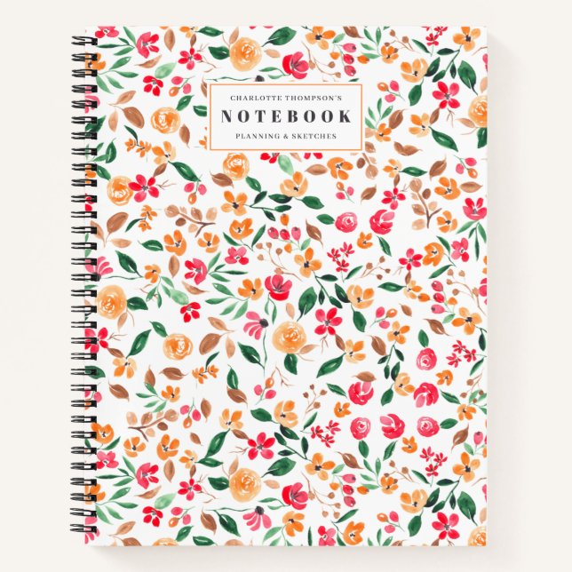 Cuaderno nombre de acuarela floral de otoño moderno (Anverso)
