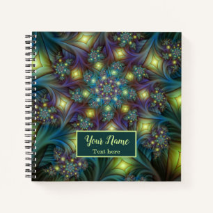 Cuaderno Nombre de arte fractal azul violeta e iluminado