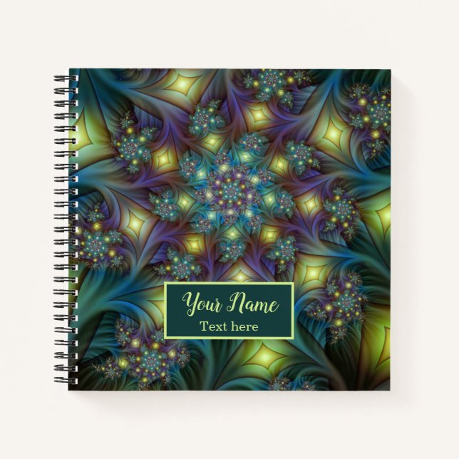 Cuaderno Nombre de arte fractal azul violeta e iluminado (Anverso)