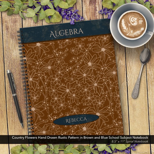 Cuaderno Nombre de asunto de la escuela azul marrón de las  (Country Flowers Rustic Pattern in Brown and Blue School Notebook: Personalize Name and Class Subject)