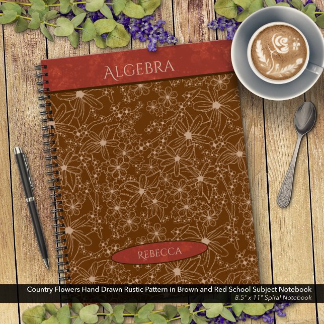 Cuaderno Nombre de asunto de la escuela roja marrón de las  (Country Flowers Rustic Pattern in Brown and Red School Notebook: Personalize Name and Class Subject)