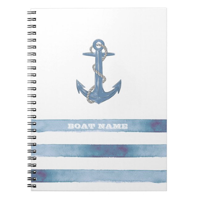 Cuaderno Nombre de Barco Náutico, Ancla, Cuerda, Franjas Az (Frente)