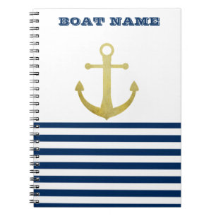Cuaderno Nombre de Barco Náutico, Ancla de Oro Rayas Azul M