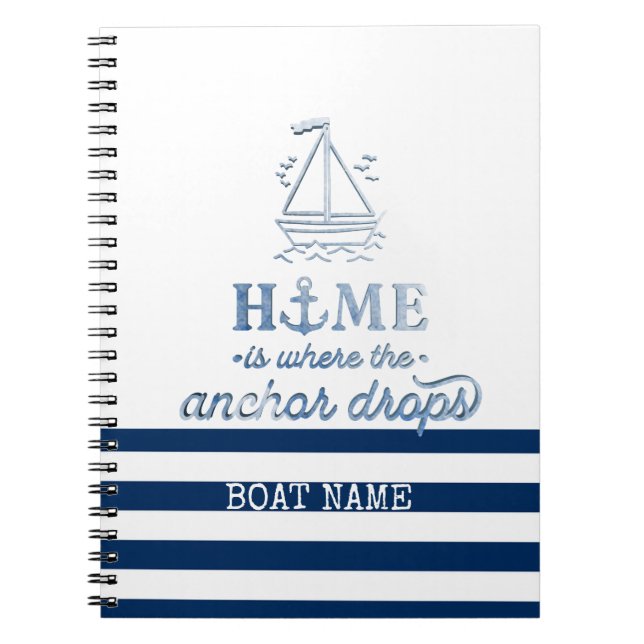Cuaderno Nombre de barco náutico, Ancla Marina Azul Rayada (Frente)
