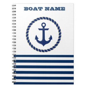 Cuaderno Nombre de Barco Náutico, Ancla Rayas Azul Marino