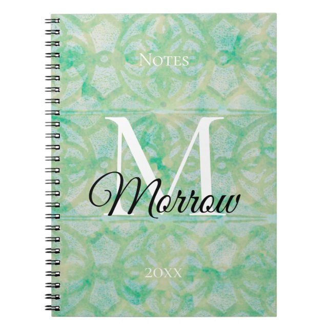 Cuaderno Nombre de Batik Verde y Azul y Año Monogramado (Frente)