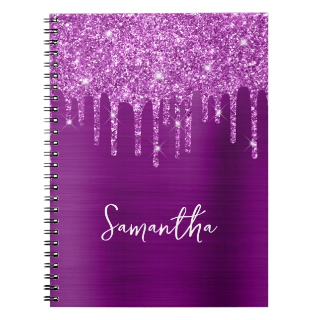 Cuaderno Nombre de brillo del Purpurina púrpura de goteo (Frente)