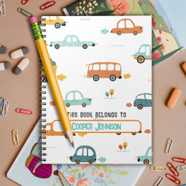 Cuaderno nombre de coche azul pastel y naranja