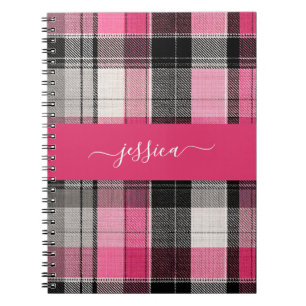 Cuaderno Nombre de escritura en cuadros escoceses rosa y ne