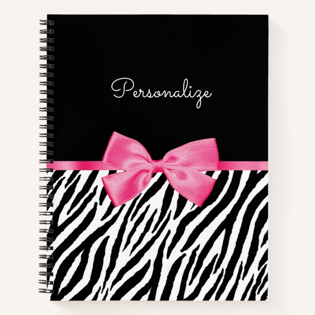 Cuaderno Nombre de estampado de cebra con lazo rosa (Anverso)