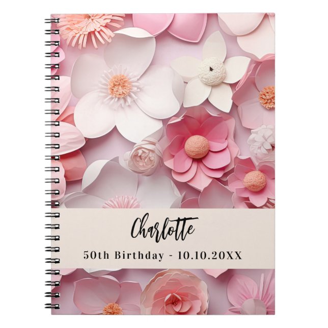 Cuaderno Nombre de florines blancos rosados de cumpleaños d (Frente)