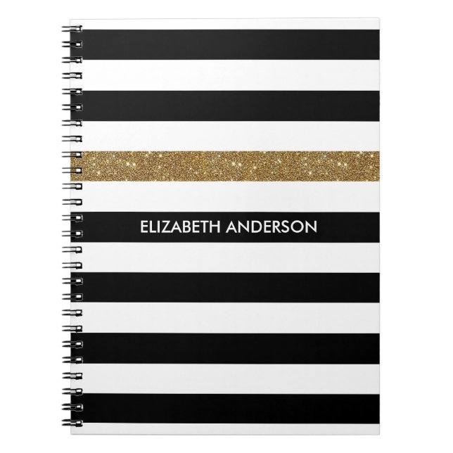Cuaderno Nombre de franja dorada negro blanco brillo (Frente)