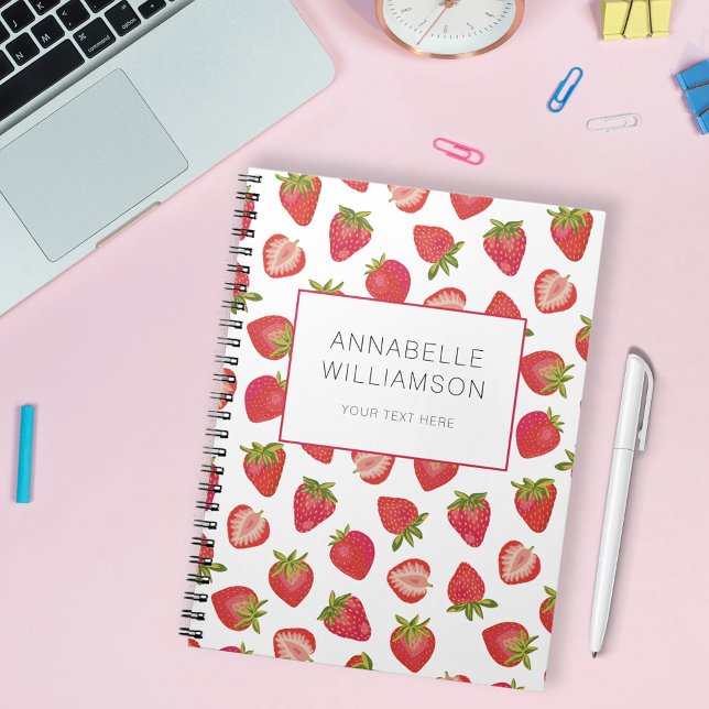 Cuaderno Nombre de fresa (Cute strawberry notebook with personalized text options; add your name, subject or choice of text)