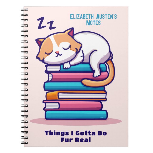 Cuaderno Nombre de gato en una pila de libros Personalizado (Frente)