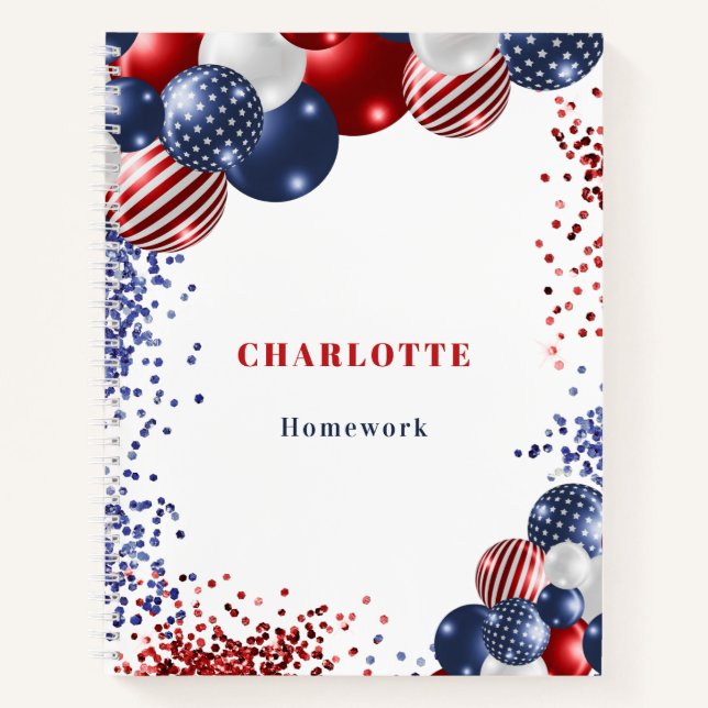 Cuaderno Nombre de globos negros azul azul rojo patriótico (Anverso)