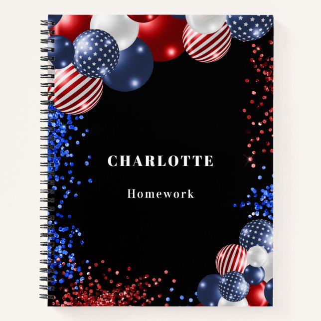 Cuaderno Nombre de globos negros azul azul rojo patriótico (Anverso)