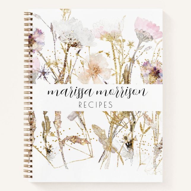 Cuaderno Nombre de guión de flor silvestre de oro rosado pe (Anverso)